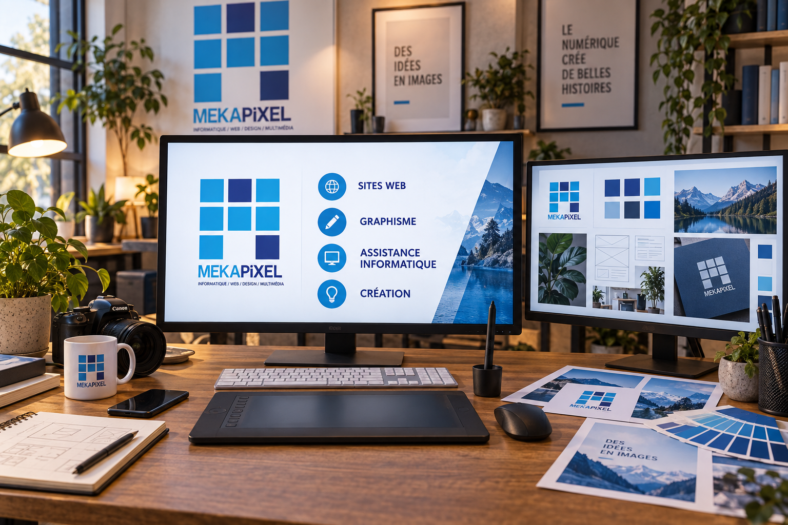 Espace de création Mekapixel avec écrans, identité visuelle et outils de travail