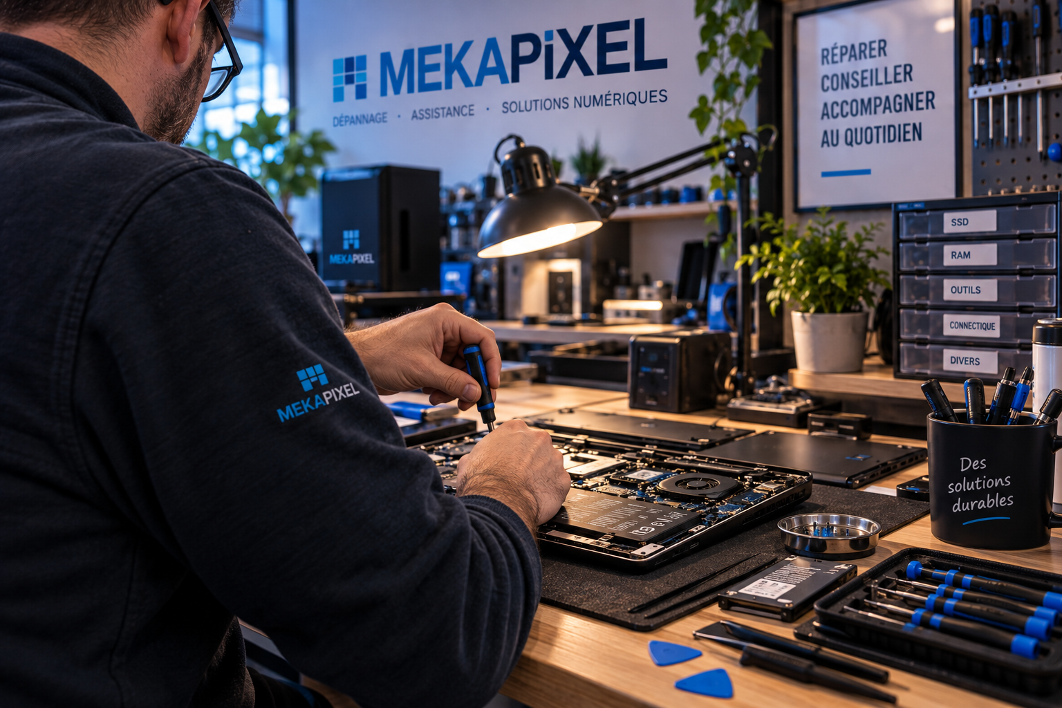 Intervention de réparation informatique dans l’atelier Mekapixel