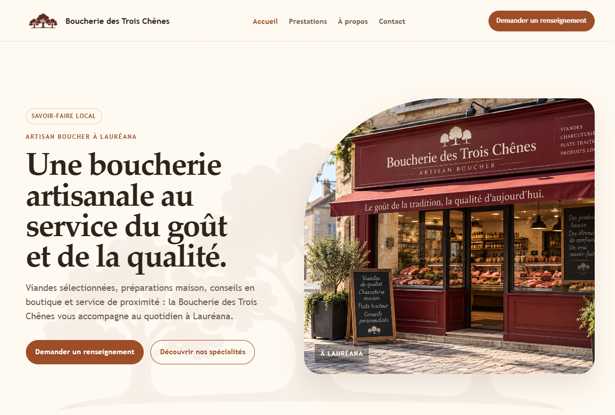 Page d’accueil de démonstration de la Boucherie des Trois Chênes
