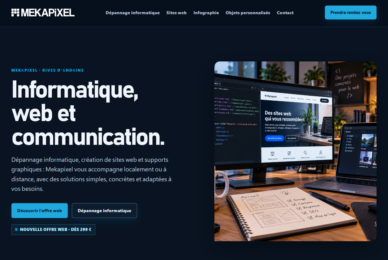 Page d’accueil sombre du site Mekapixel, avec ses services et une image de l’atelier