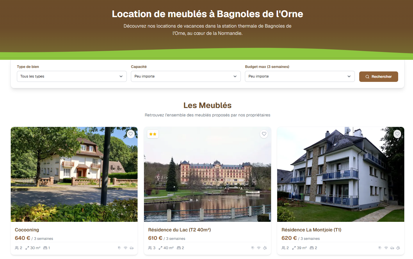 Page d’accueil de la plateforme Meublés Bagnoles